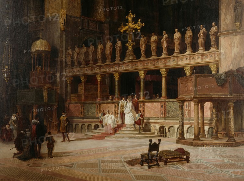 Interior of St. Mark's, Venice, 1869. Bride and groom in 16th-century dress. Detail from a larger artwork.