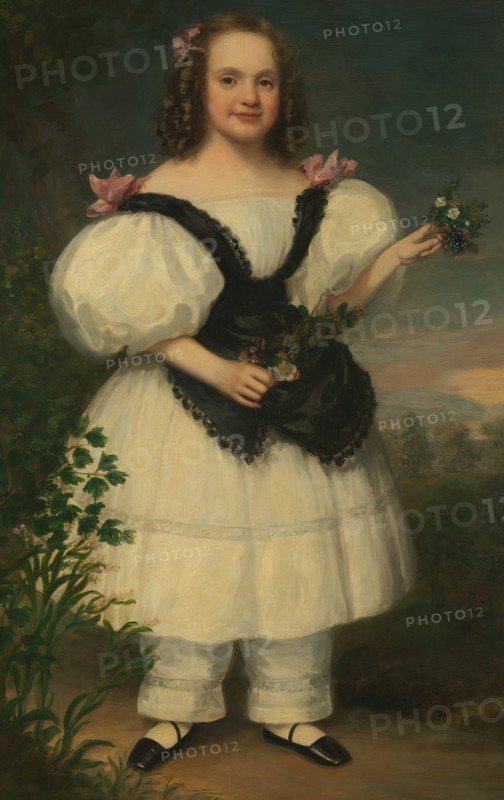 Harriet White, 1835/40. Girl wearing bloomers under a full-skirted dress with puffed sleeves. Detail from a larger artwork.