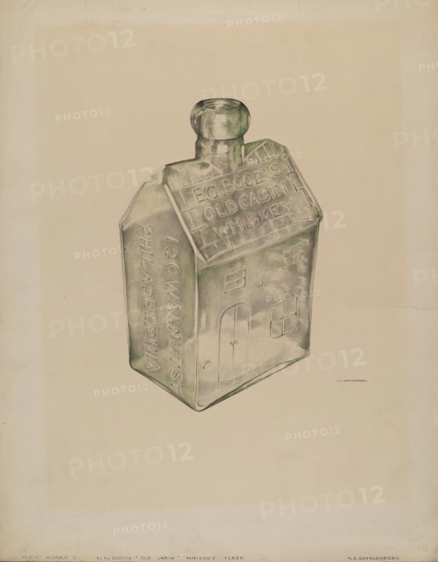Whiskey Flask, c. 1938.   [Engraved on bottle: E.C. BOOZ'S OLD CABIN WHISKEY.   120 WALNUT STREET PHILADELPHIA].