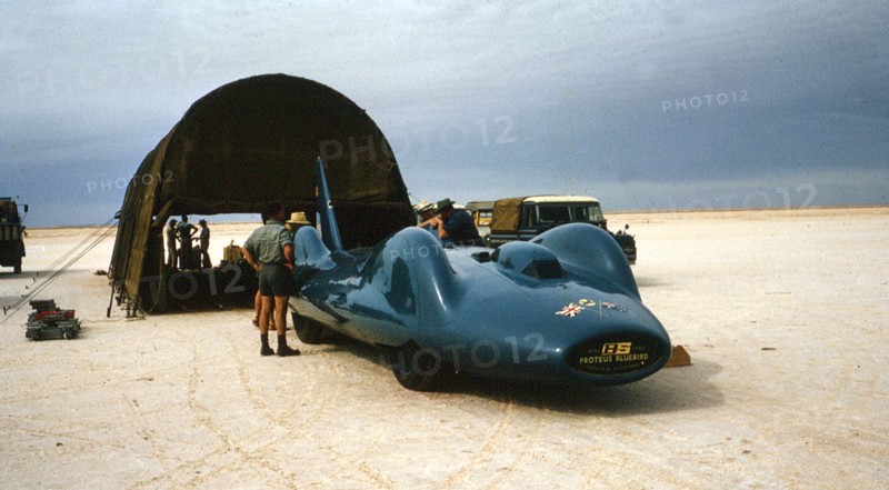 Bluebird CN7 in temporary canvas hangar for World Record attempt, Lake Eyre, Australia, 1964. Creator: Unknown.