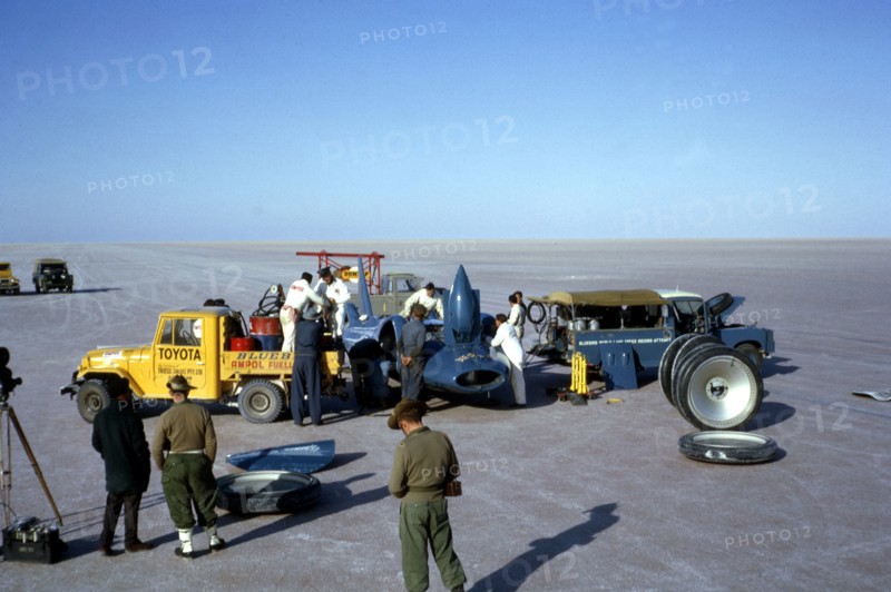 Mechanics fuelling Bluebird CN7 for World Land Speed Record attempt, Lake Eyre, 1964. Creator: Unknown.