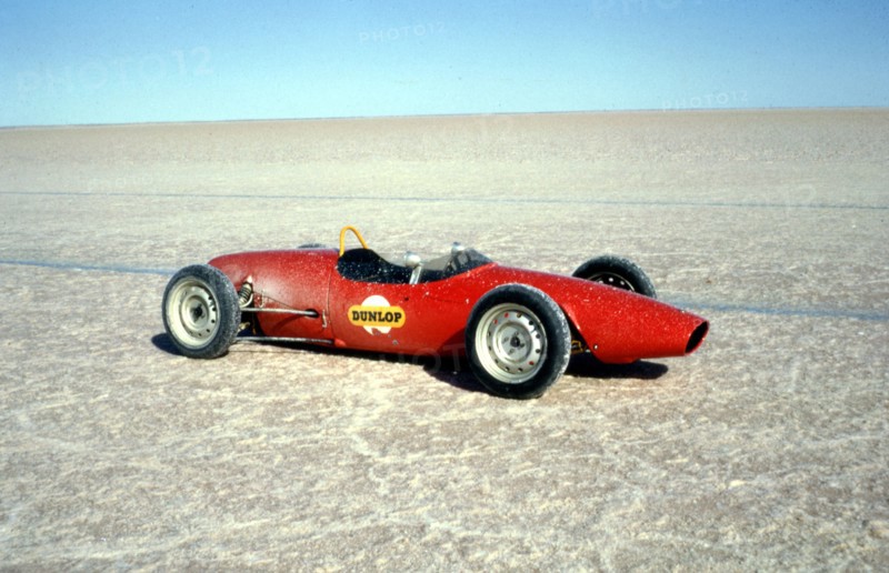 Elfin Ford used to test tyre grip during Bluebird record attempt, Lake Eyre, 1964. Creator: Unknown.
