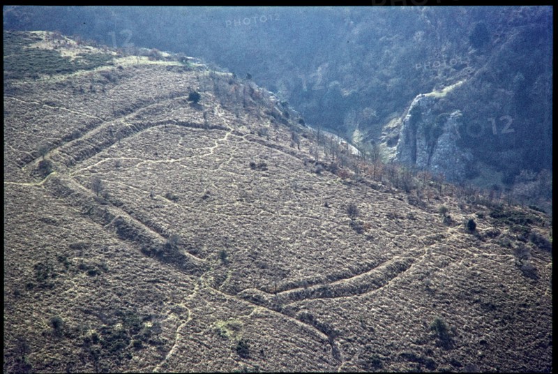 Iron Age univallate hillfort earthwork at Burrington Camp, Somerset, 1971. Creator: Jim Hancock.