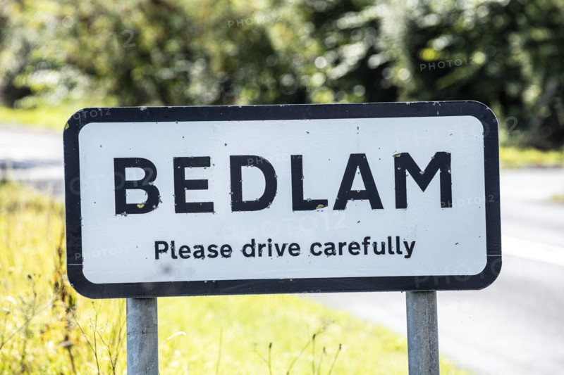 Road sign for the hamlet of Bedlam, North Yorkshire, 2019. Creator: Alun Bull.