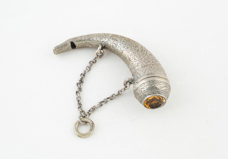 Vinaigrette with Whistle in the Form of a Hunting Horn, Scotland, c. 1840. Creator: Unknown.