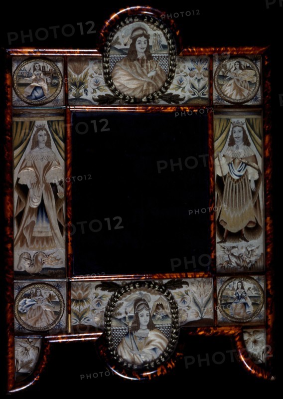 Mirror Showing King Charles II, Queen Catherine of Braganza, and Scenes from the Old Testament... Creator: Unknown.