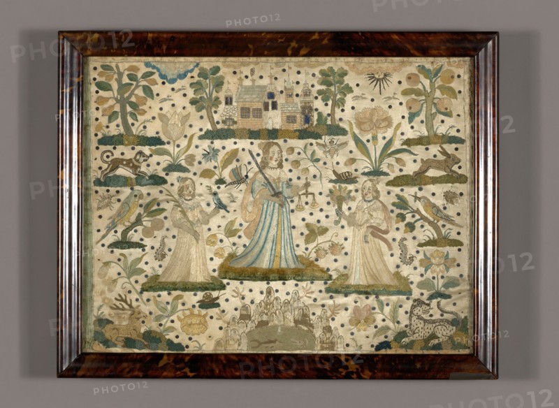 Picture Depicting Peace, Justice, and Plenty (Needlework), England, 17th century. Creator: Unknown.