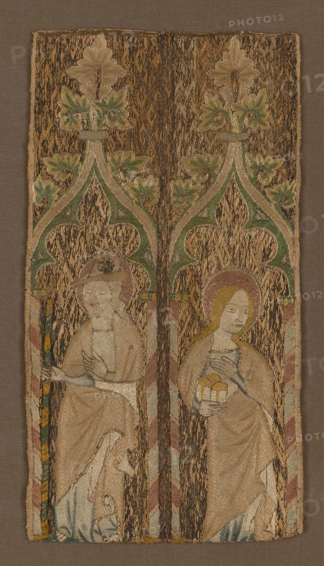 Fragment from an Orphrey Band Showing St. Barbara and St. James, England, 1350/1400. Creator: Unknown.
