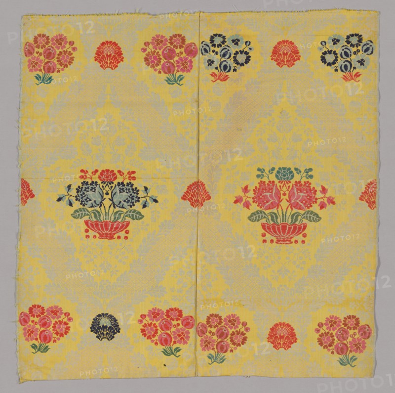 Two Joined Panels of Brocaded Yellow Furnishing Wool, England, c. 1720s. Creator: Unknown.