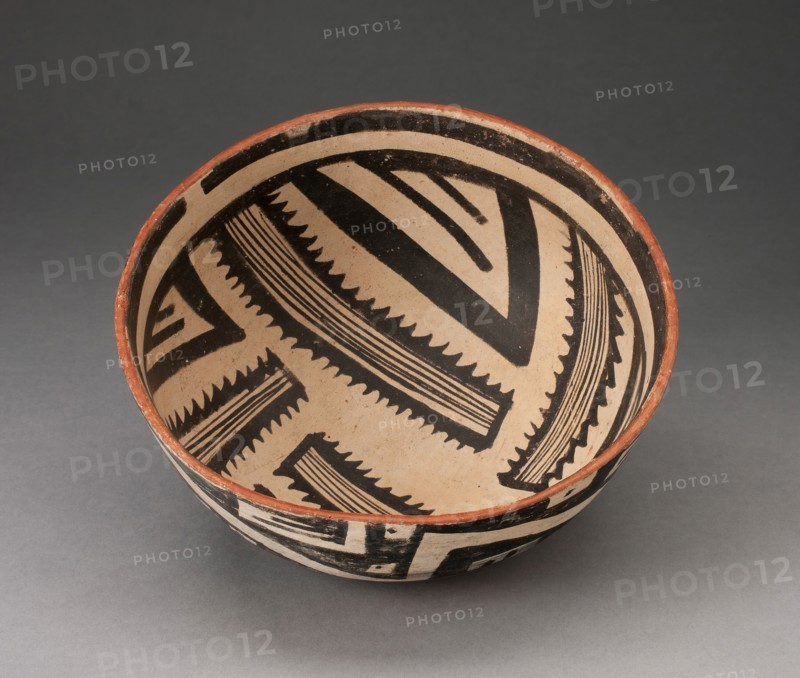 Bowl with Radiating Striped Bands and Triangles and Interlocking Zigzag on Exterior, A.D. 1300/1400. Creator: Unknown.