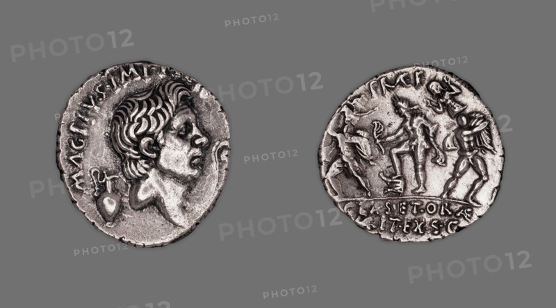 Denarius (Coin) Portraying Pompey the Great, 42-40 BCE, issued by Roman Republic, Sextus Pompeius... Creator: Unknown.