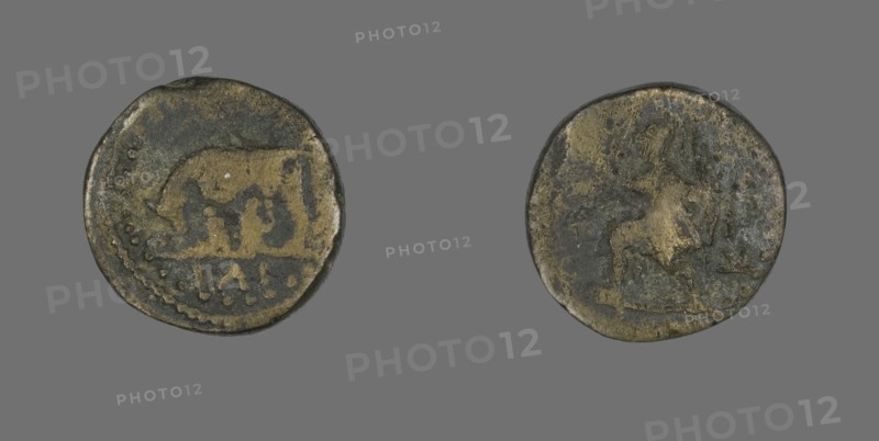 Coin Depicting a She-Wolf Nursing Romulus and Remus, 117-192. Creator: Unknown.