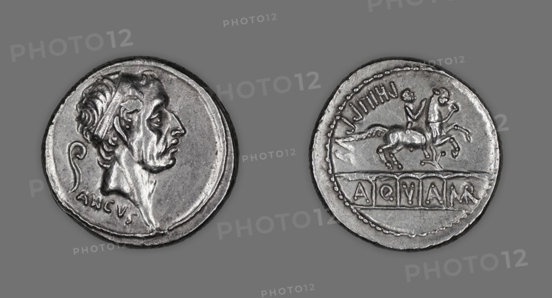 Denarius (Coin) Portraying King Ancus Marcius, 56 BCE, issued by L. Marcius Philippus. Creator: Unknown.