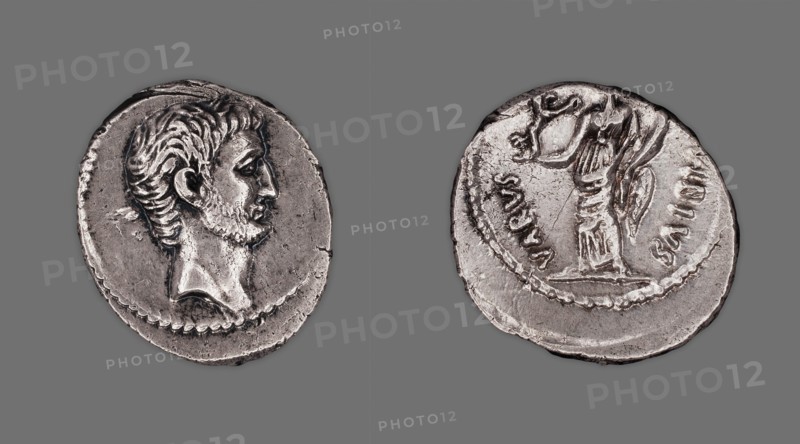 Denarius (Coin) Portraying Mark Antony, 42 BCE, issued by C. Vibius Varus. Creator: Unknown.