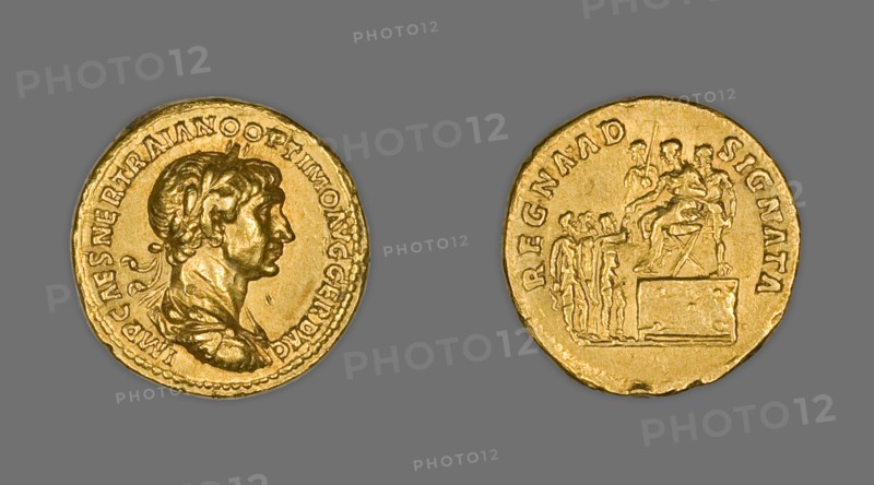 Aureus (Coin) Portraying Emperor Trajan, 114-115, issued by Trajan. Creator: Unknown.