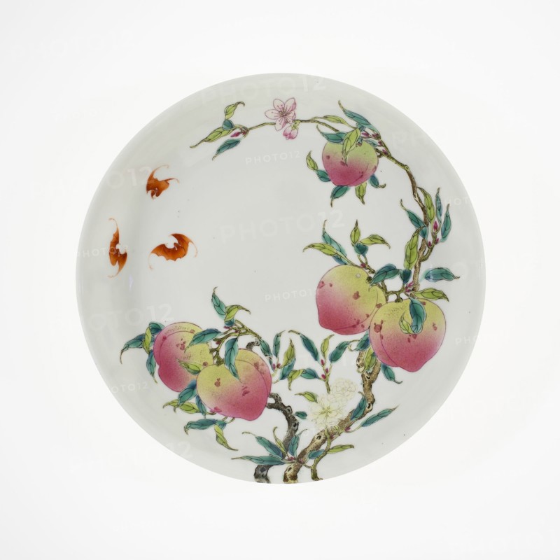 Dish with Fruiting Peaches, Tree Peony, Flowering Plum, and Bats, Qing dynasty, probably 19th cent. Creator: Unknown.