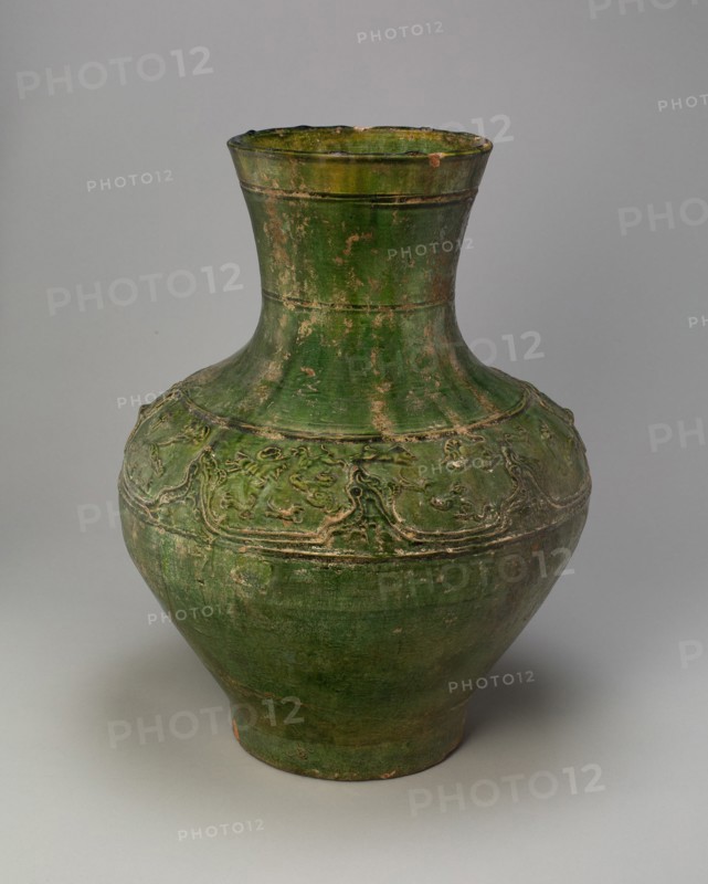 Jar (Hu) with Equestrians and Animals amid Mountains, Han dynasty (206 B.C.-A.D. 220). Creator: Unknown.