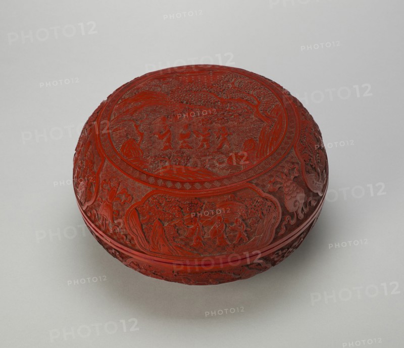 Cinnabar Lacquer 'Scholar in Landscape' Box and Cover, Qing dynasty, Qianlong reign (1736-1795). Creator: Unknown.