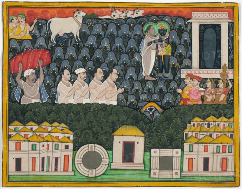 Pratham Milan, Shrinathji revealing himself to Vallabhacharya on Mount..., Early 19th century. Creator: Unknown.
