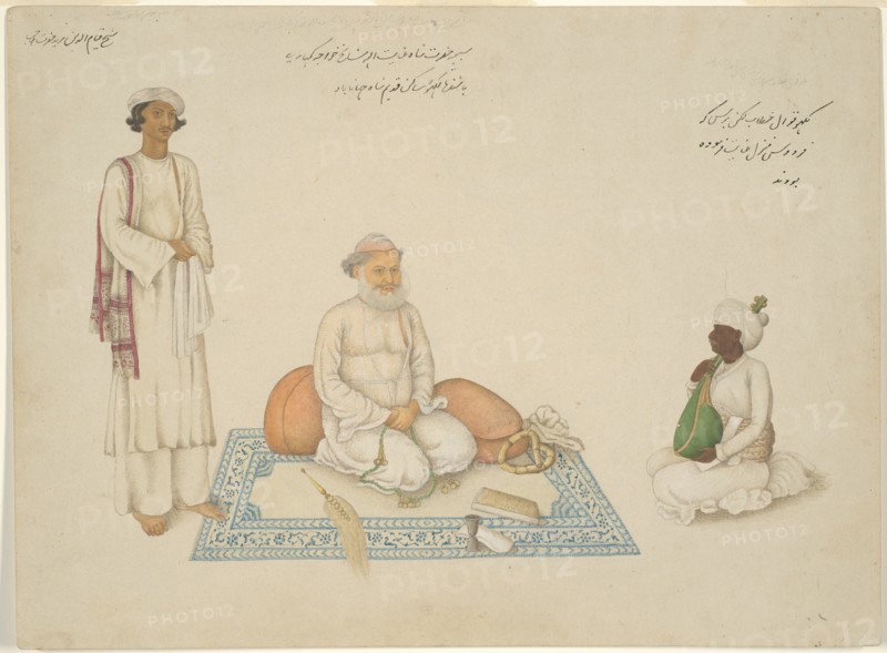 Shah Inayat Allah of Sind with his Musician Makkhu and his Attendant Shaykh Qiyam..., c. 1820. Creator: Unknown.