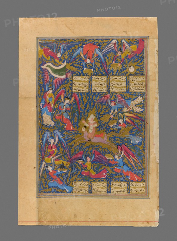 The Ascent of the Prophet to Heaven, page from the Khamsa of Nizami, Safavid dynasty, c. 1600. Creator: Unknown.
