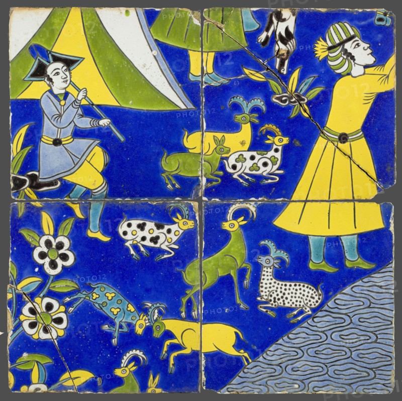 Four Tiles with a Figural Scene, Safavid dynasty (1501-1722), 17th century. Creator: Unknown.