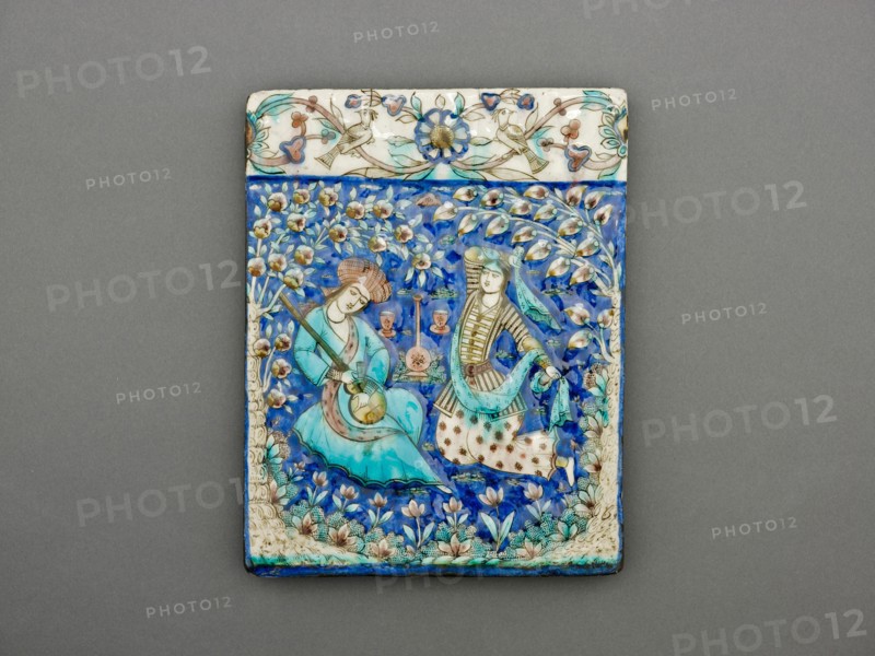 Rectangular Tile with Musician and Dancer, Qajar dynasty (1796-1925), 19th century. Creator: Unknown.