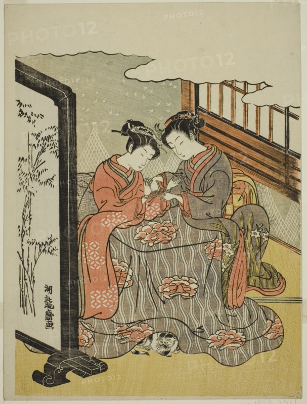Two Young Women Playing Cat's Cradle, c. 1769. Creator: Isoda Koryusai.