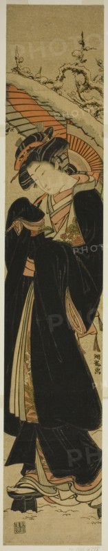 Young Woman with Umbrella Walking in Snow, c. 1777. Creator: Isoda Koryusai.