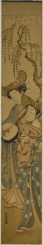 Two Itinerant Musicians under a Willow Tree, c. 1771. Creator: Isoda Koryusai.