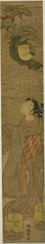 Parody of Matsukaze dancing beneath Yukihira's robe, c. 1771. Creator: Isoda Koryusai.