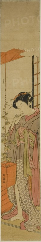Courtesan Admiring Morning Glories while Cleaning Her Teeth, c. 1775. Creator: Isoda Koryusai.