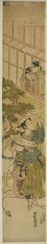 Young Man on Horseback and Two Women Watching from a Window, c. 1770. Creator: Isoda Koryusai.