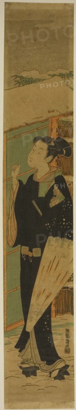 Young Man with Umbrella Knocking on Gate in Snow, c. 1774. Creator: Isoda Koryusai.