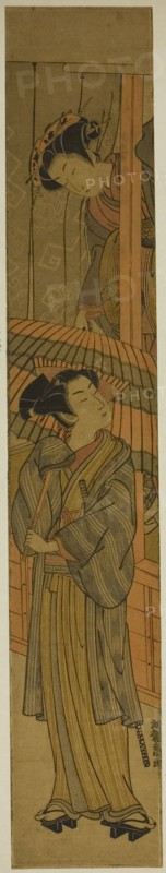 Courtesan Pulling a Young Man's Umbrella (parody of Rashomon), c. 1773. Creator: Isoda Koryusai.