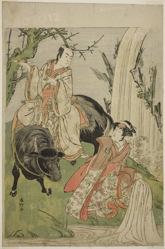 The Actors Segawa Kikunojo III as Princess Hatsune (Hatsune Hime) (right), and Ichikawa..., c. 1785. Creator: Katsukawa Shunko.