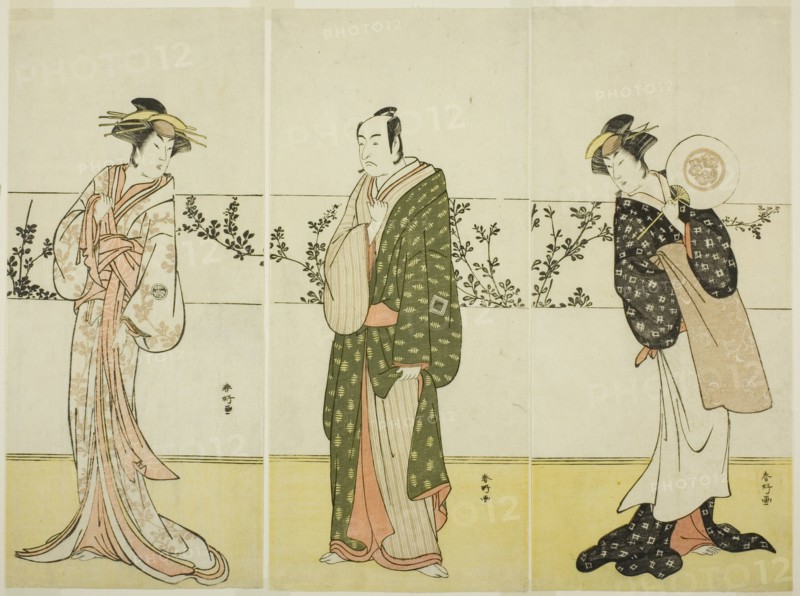 The Actors Osagawa Tsuneyo II (right), Ichikawa Monnosuke II (center), and Segawa..., c. 1785. Creator: Katsukawa Shunko.