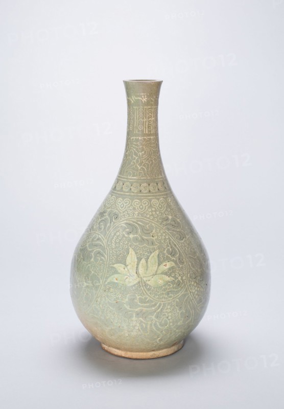 Bottle-Shaped Vase with Lotus Flowers and Stylized Scrolls, Korea, Goryeo dynasty, 14th century. Creator: Unknown.
