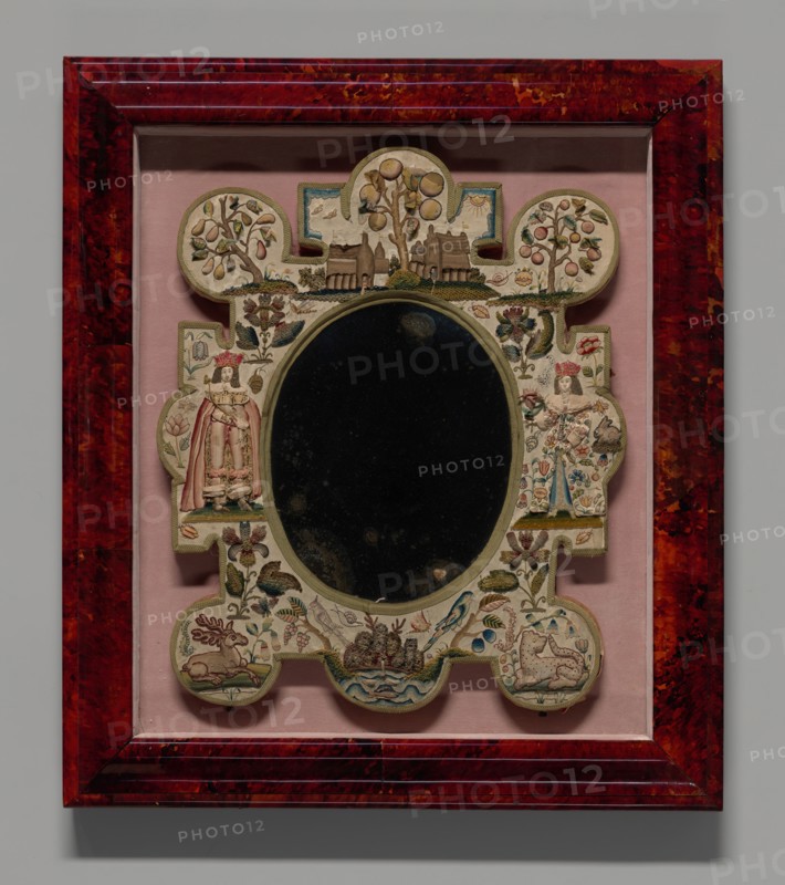 Mirror Depicting King Charles II and Queen Catherine of Braganza, England, 17th century.