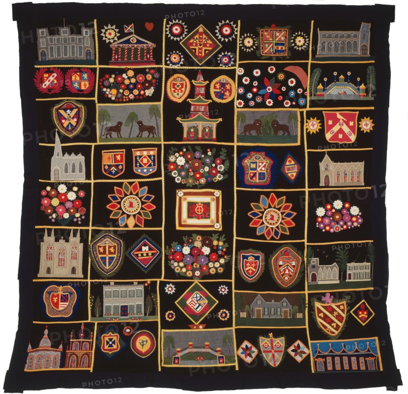 Quilt with Buildings, Animals, and Coats of Arms, New York, c.  1890.