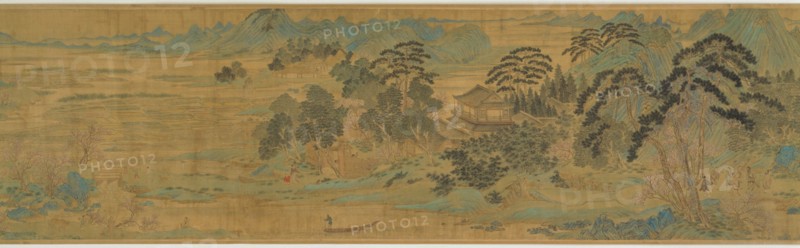 The Peach Blossom Spring ????, Late Ming (1368-1644) or early Qing (1644-1912) dynasty ??. An ink and color handscroll of a landscape scene, mountains in the background, a river in the foreground and trees throughout the midground