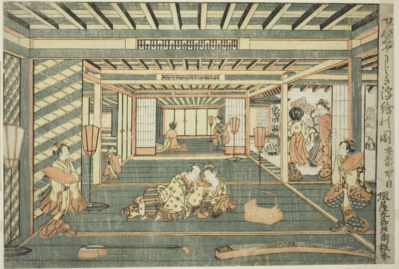 Perspective Picture of a Large Room (Senjojiki uki-e no zu), 1765. Possibly a scene in the pleasure quarters, with a shamisen and koto in the foreground. Attributed to Ishikawa Toyonobu.