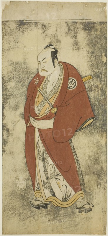 The Actor Nakamura Sukegoro II as Kaminari Shokuro in the Joruri "Gonin Otoko" (Five Chivalrous Commoners), Played as One Act in the Ayatsuri Kabuki Ogi (Mastery of the Fan in Kabuki), Performed at the Nakamura Theater from the Twentieth Day of the Seventh Month, 1768, c. 1768. Attributed to Katsukawa Shunsho.