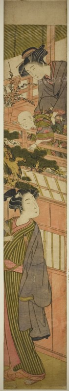 Woman Holding Boy who is Reaching Out to Young Man Below, c. 1776. Attributed to Kitao Shigemasa.