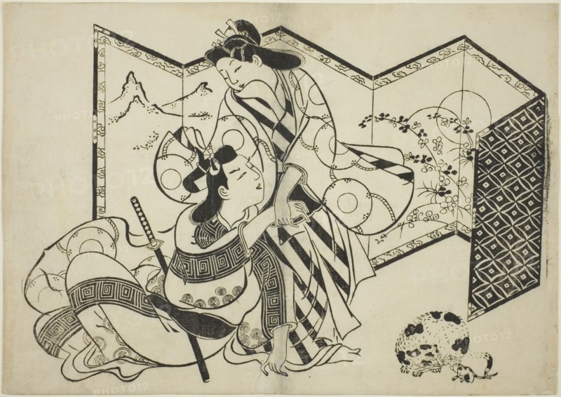 Lovers, a Cat, and a Mouse in front of a Folding Screen, c. 1684/98. Attributed to Sugimura Jihei.