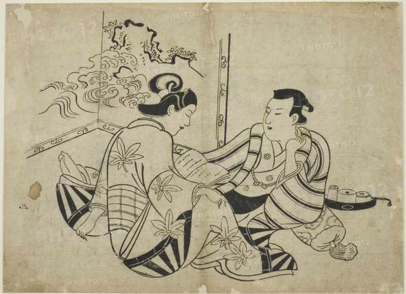 Reading a Letter in Front of a Screen, from an untitled series of 12 prints, c. 1710. Attributed to Torii Kiyonobu I.