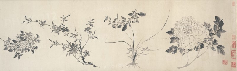 Flowers of the Four Seasons, Ming dynasty (1368-1644), 1599. Horizontal image of four distinct cut or uprooted flowers rendered in fine black ink. The first three feature small leaves and blossoms, the fourth a large central bloom.