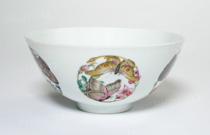 Bowl with Medallionsof Butterflies, Peonies, Chrysanthemums, Peaches, Plums and Orchids, Qing dynasty (1644-1911), spurious reign mark of Yongzheng (1723-1735), overglaze painting perhaps added later.