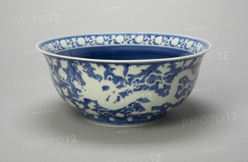 Bowl with Dragons, Peony Scrolls, and Band of Lingzhi Mushrooms, Ming dynasty (1368-1644), Jiajing reign mark and period (1522-1566).