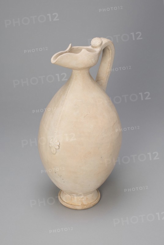 Ovoid Ewer with Flaring, Beak-Shaped Spout, Floral Medallion, and Zipper-like Band with Palmette, Tang dynasty (A.D. 618-907), 8th century.